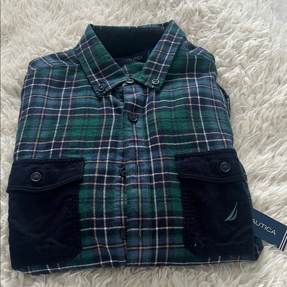 Nautica Men's Blue and Green Plaid Button Down Shirt